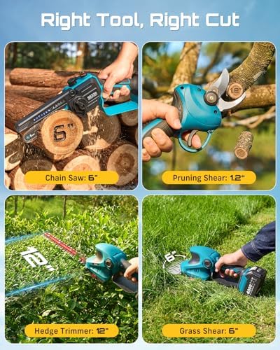SEESII 4-in-1 Electric Mini Chainsaw, Battery Hedge Trimmer & Pruner Combo