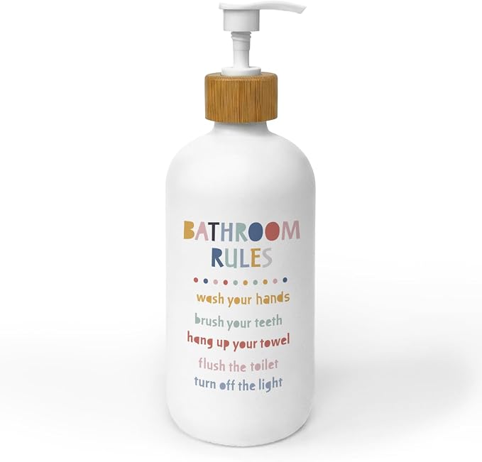 Bathroom Rules Soap Dispenser, Kids Bathroom Countertop Hand Soap Dispenser with Pump, Colorful Boho Toddler Decor Handsoap Refillable Glass Pump Bottle Container