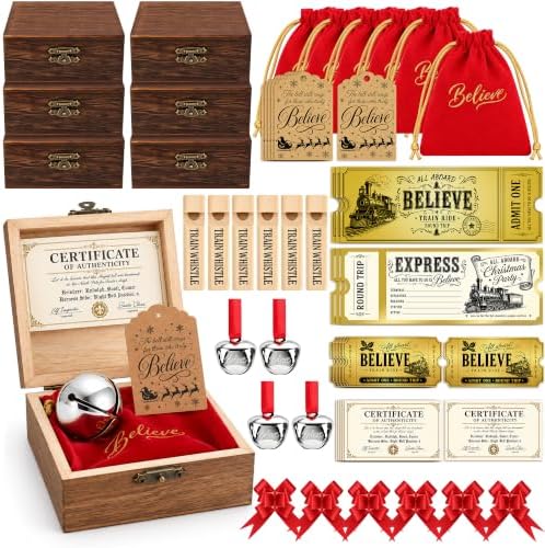 54 Pcs Christmas Believe Bell Golden Ticket Gifts Set Xmas Tree Ornaments