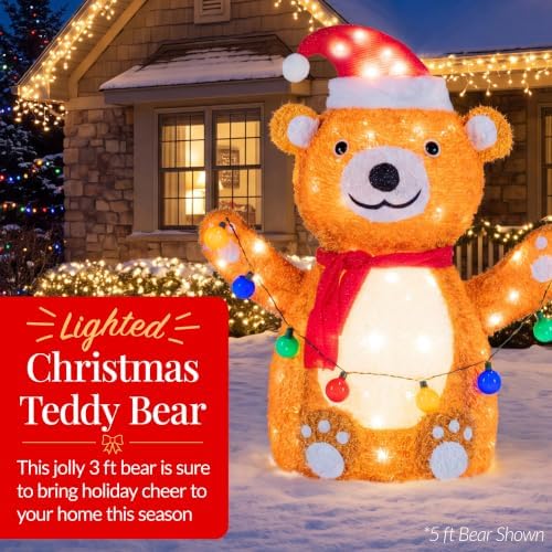 Best Choice Products 3ft Lighted Pop-Up Teddy Bear, Large Outdoor Christmas Holiday Decoration w/ 90 LED Lights, Hat, Scarf, Multicolored Lights