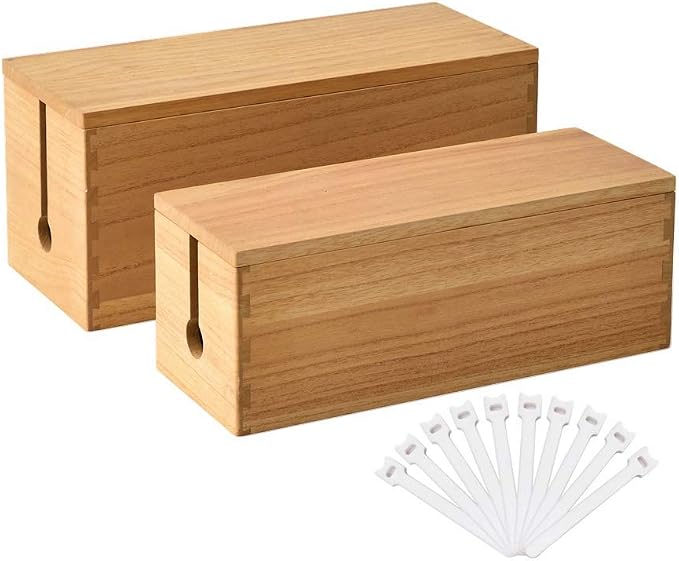 KIRIGEN Wooden Cable Management Box Set of 2, Cord Organizer, Natural | Large and Small Solid Wood Boxes with Removable Lids for Power Strips, Chargers, Routers, and Desks Home Office