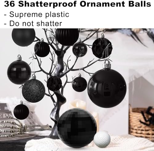 Black Christmas Ornaments - Christmas Tree Decorations Shatterproof Hanging Balls for Birthday Wedding Holiday Decor Set of 36pcs, Multi-Sizes(1.6",2.5",3.2")