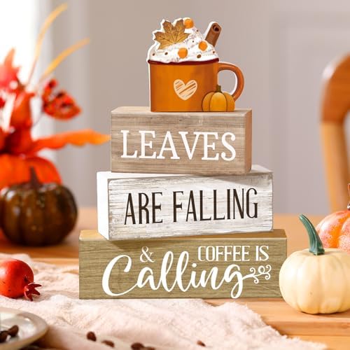 Lineshading 4 Pcs Fall Coffee Table Decor Wooden Pumpkin Latte Block Signs