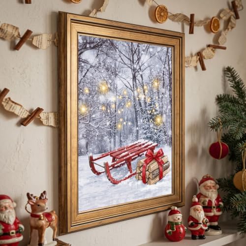Framed Red Sled in Snowy Forest Art Print in Gold Frame Inch 16x20