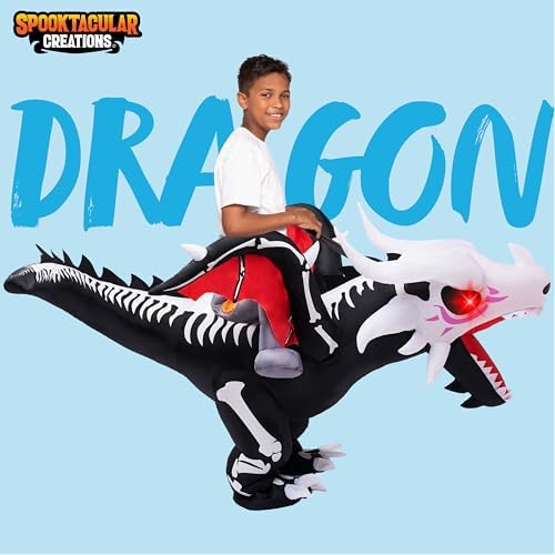 Spooktacular Creations Halloween Dragon Skeleton Inflatable Costume Kids, LED Light Eye Ride on Skeleton Dinosaur Blowup Suit