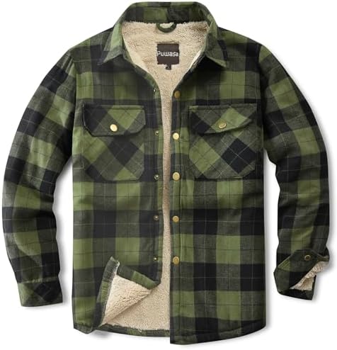 Men's Sherpa Cotton Flannel Shirt Jacket Plaid Button Coat Pocket