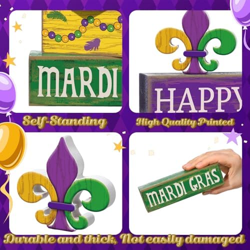Moucuny 4 Pcs Mardi Gras Wooden Block Signs Tiered Tray Farmhouse Table