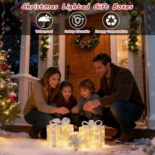 Set of 3 Christmas Lighted Gift Boxes - Silver 140 LEDs Outdoor Decoration