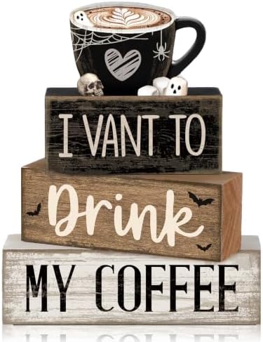 Moucuny 4 Pcs Halloween Coffee Wood Blocks Tiered Tray Decor Farmhouse