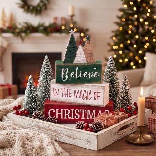 Moucuny 4 Pcs Christmas Table Decorations Rustic Christmas Tree Stacked Wooden Sign Decor Red Green and White Winter Tiered Tray Decor Xmas Table Centerpiece Farmhouse for Home Kitchen Shelf