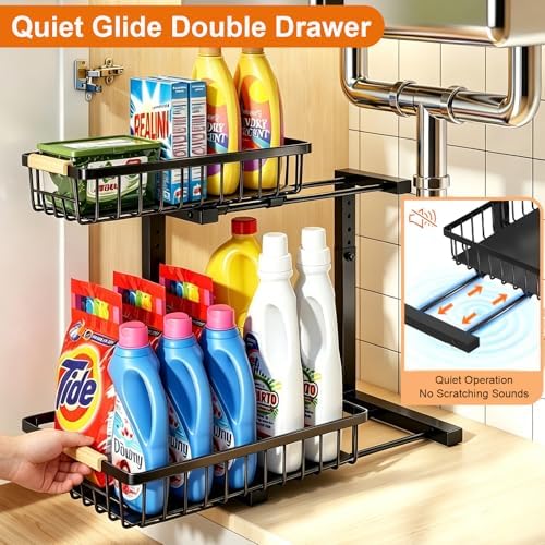 REALINN Under Sink Organizer, Adjustable 2 Tier Pull Out Kitchen Bathroom