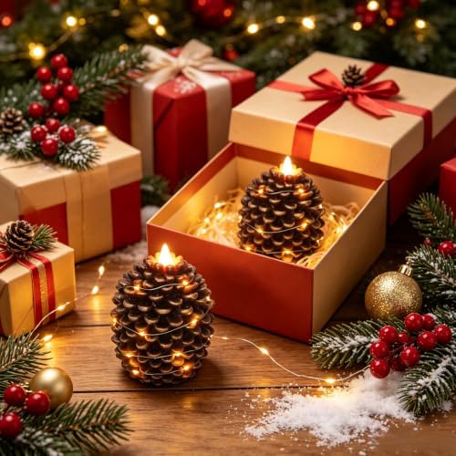 Wondise Pine Cone Flameless Candles with 6H Timer String Lights