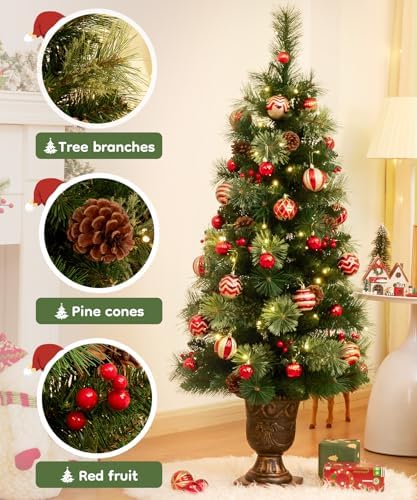 Decoway Flocked Christmas Tree for Entryways: 4ft with 70 Warm White LEDs