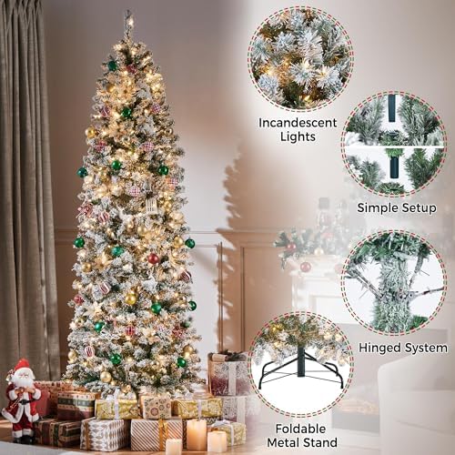 Yaheetech 7.5ft Pre-lit Snow Flocked Pencil Christmas Tree, Green & White