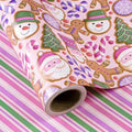 WRAPAHOLIC 30 Inch Reversible Gingerbread Christmas Wrapping Paper - 30 Inch x 33 Feet - Pink Purple Stripes and Gingerbread Wrapping Paper for Xmas Holiday, Party Celebration