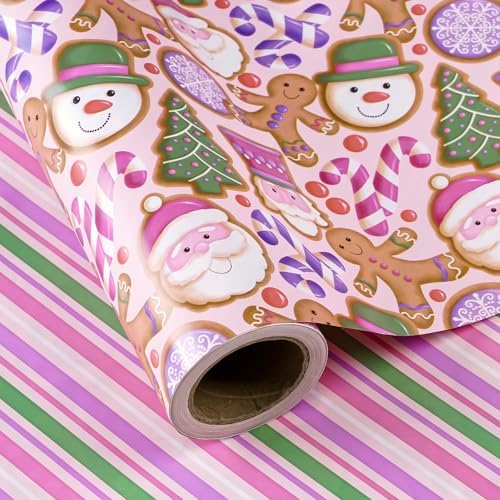 WRAPAHOLIC 30 Inch Reversible Gingerbread Christmas Wrapping Paper - 30 Inch x 33 Feet - Pink Purple Stripes and Gingerbread Wrapping Paper for Xmas Holiday, Party Celebration