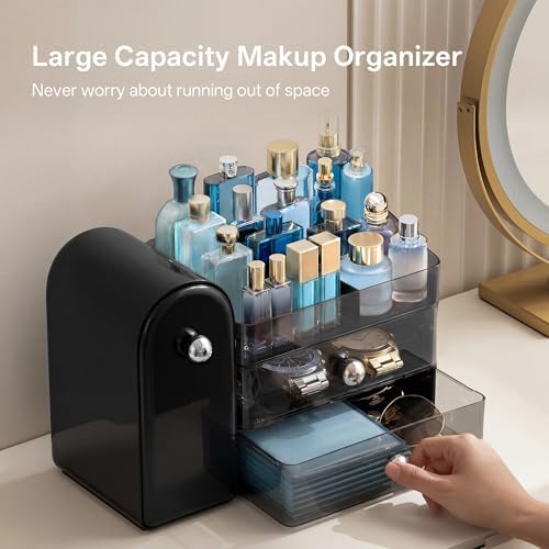 HBlife Makeup Organizer Countertop with Drawers, Cologne Organizer for Men, Vanity Organizers with Brush Holder, Bathroom Countertop Organizer Skin Care Storage, Gift for Dad Husband, Black Silver