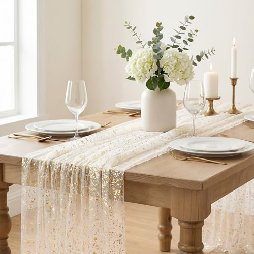 Artoid Mode Beige Gold Gauze Table Runner 59x120 Inch 10FT, Glitter Metallic Foil Sheer Dining Wedding Anniversary Holiday Birthday Table Decor for Home Party