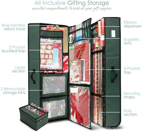 Hearth & Harbor Holiday Storage with Extra 2 PC of Christmas Storage Bins and Ribbon Storage Organizer - Fade Resistant Wrapping Paper Storage Containers with Wheels Fits Up to 30 Rolls of 40" Length