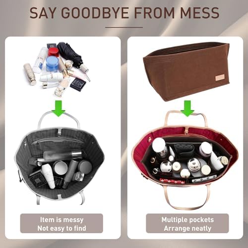 Doxo Purse Organizer Insert for Handbags & Base Shaper 2pc Set, Felt Neverfull PM Organizer Insert, Tote Bag Organizer with Zipper Pocket and Bottle Holder, Fit Neverfull PM and More, Brown-M