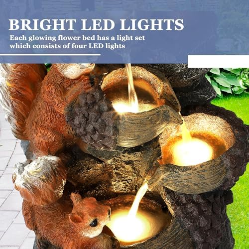 Grepatio Outdoor 4-Tiers Cascading Water Fountain, Waterfall Fountain with 4 LED Lights, Outdoor Fountains and Waterfalls for Garden or Patio, Yard, Deck, Decor with 3 Squirrel Look