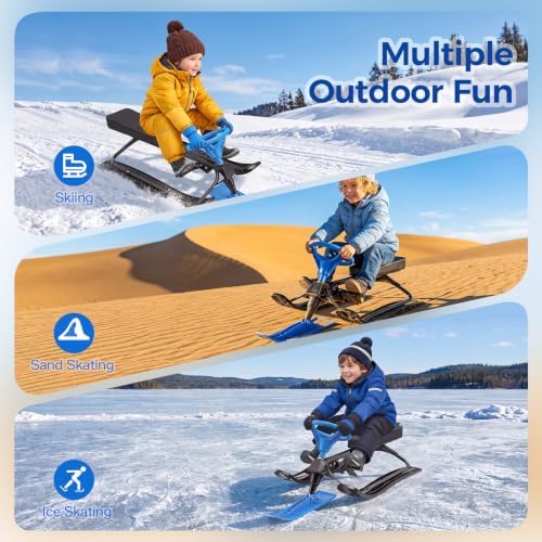Snow Racer Sled, Ski Sled Slider Board with Steering Wheel & Twin Brakes, Heavy Duty Snow Slider Board for Winter Sports, 220 LBS Load Capacity