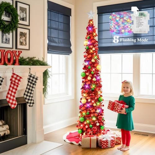 N&T NIETING Pop Up Christmas Tree with Lights & Ornaments, 6FT, Red