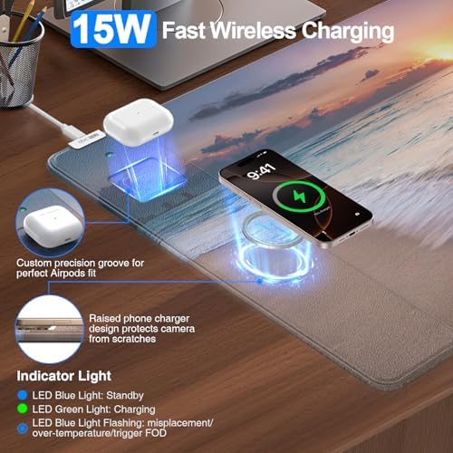 Mouse Pad with Magnetic Wireless Charging, 31.5"x15.8" in, Beach Sunset