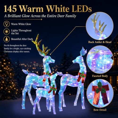 48" 3-Piece 2.5D Colorful Lighted Christmas Deer Family Outdoor Decorations, Clear-Look Reindeer Set with 145 Lights, Gold Antlers, Stakes and Zip Ties for Yard Lawn Porch Garden Holiday Decor
