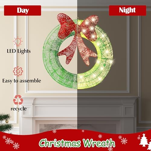 Ogrmar 24in Lighted Christmas Wreath Decoration Metal LED Lighted Wreaths