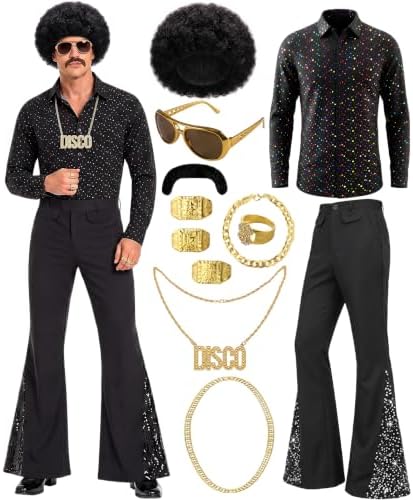 12Pcs 70s Outfits for Men, Disco Costume with Bell Bottom Pants Shirt Set