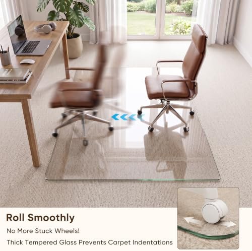 Antok Tempered Glass Chair Mat, 46"x55" Office Chair Mat for Carpet & Hardwood Floors, Heavy Duty 1/5" Desk Chair Mat for Smooth Rolling at Home or Office