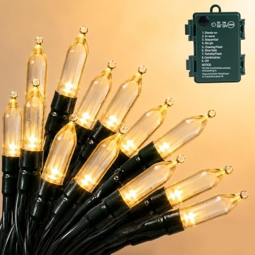 LED Mini Christmas Lights Outdoor, Battery Operated 18FT 50 LED Warm White String Lights with Timer & Memory Function, 8 Modes Waterproof Twinkle Lights for Garland Wreath Party Wedding & Indoor Decor