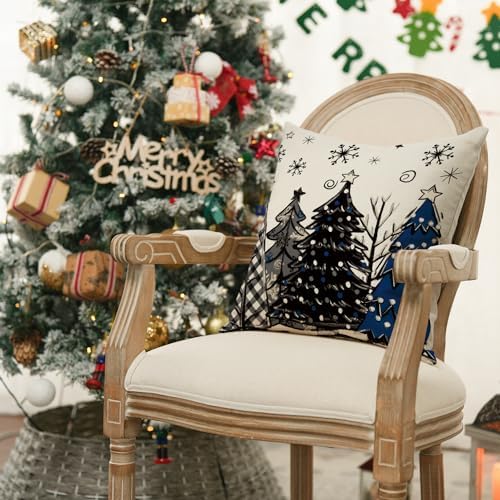 AVOIN colorlife Merry Christmas Joy Xmas Trees Blue and Black Throw Pillow Covers, 20 x 20 Inch Christmas Winter Holiday Cushion Case Decoration for Sofa Couch Set of 4