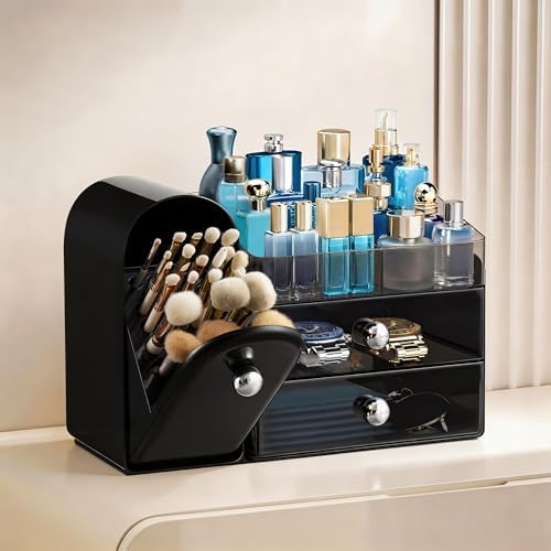 HBlife Makeup Organizer Countertop with Drawers, Cologne Organizer for Men, Vanity Organizers with Brush Holder, Bathroom Countertop Organizer Skin Care Storage, Gift for Dad Husband, Black Silver