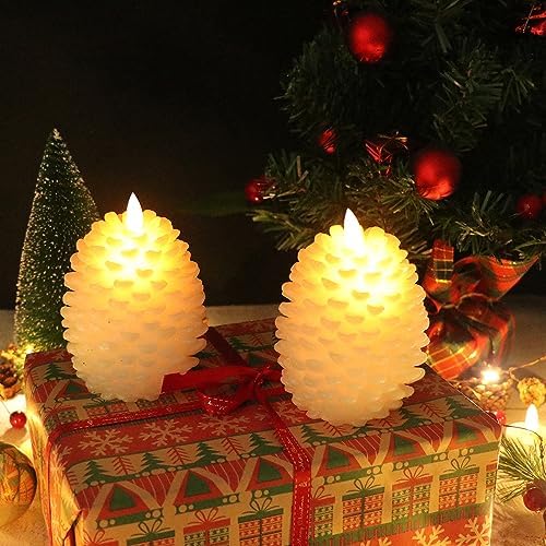 Wondise Pine Cone Flameless Flickering Candles with Remote and Timer