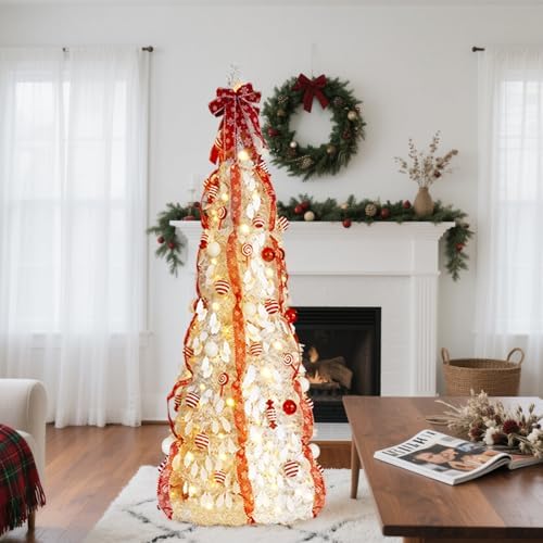 VINGLI 7ft Pop up Artificial Christmas Pine Tree with 170 Warm White Lights, Xmas Tree Holiday Party Decorations with Sturdy Metal Stand (Red&White)