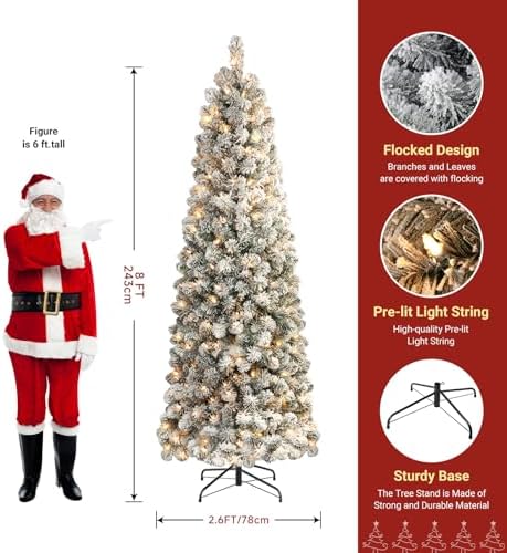 SHareconn 8ft Prelit Snow Flocked Artificial Slim Pencil Christmas Tree