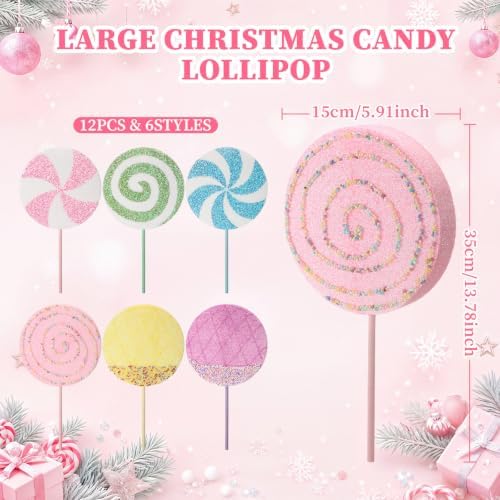 Roowest 12 Pcs 13.78'' Pastel Large Candy Christmas Decorations Giant Lollipop Candy Decoration with Sticks Macaron Peppermint Xmas Decor for Christmas Tree Ornament Holiday Party (Pastel,6 Styles)