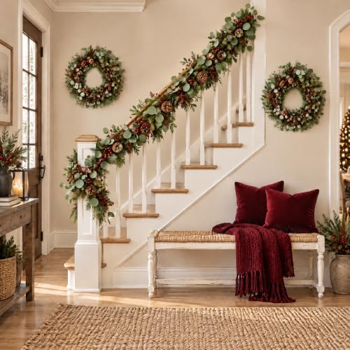 Christmas Wreath 24 Inch Christmas Wreaths for Front Door Xmas Red Berry Wreath with Green Eucalyptus Leaves Pine Cones Red Berries for Wall Window Porch Xmas Holiday Winter Decorations