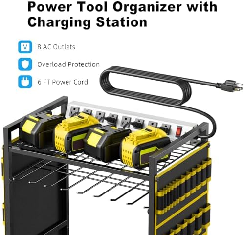 JUNNUJ Power Tool Organizer Cart with Charging Station, 10 FT Cord, Yellow