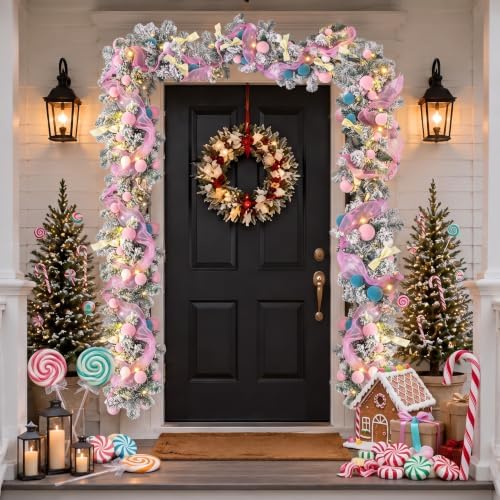 Riceshoot 6 ft Pastel Macaron Christmas Garland LED Lights Frosted Pine
