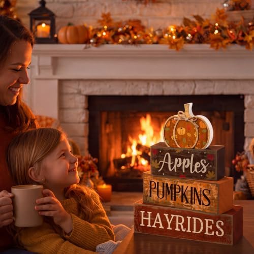 Moucuny 4 Pcs Fall Table Decoration for Home, Wooden Pumpkins Harvest Decor