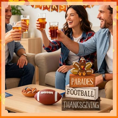 Lineshading 4 Pcs Fall Football Decor, Thanksgiving Turkey Wood Block Sign