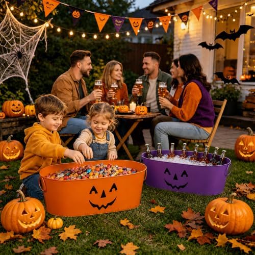 2Pcs 5.5 Gal Halloween Galvanized Beverage Ice Buckets,Halloween Candy Bowl