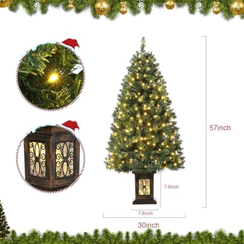 Garvee Pre-lit Artificial Christmas Tree with Warm White Lights, Green Full Christmas Tree 4.5 ft with 8 Light-Modes, Pre Lighted Xmas Tree W/460 Branch Tips, 300 Light & Antique Urn Base,1 PCS