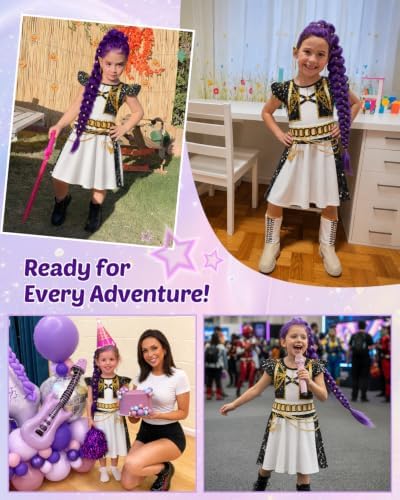 Halloween Costume Kids Pop Singer Golden Costume Girls with Wig Purple Braiding Ponytail Hair Extension Dress Set