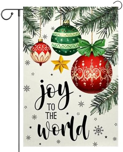 Christmas Garden Flag 12x18 Inch Joy To The World Winter Outdoor Yard Flag Double Sided Small Burlap Family Xmas Balls Holiday Yard Outside Decorative Flag (Beige)