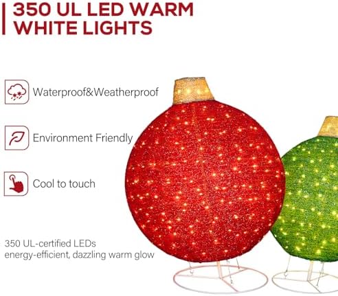 Hykolity 2 Pack 30" & 24" Pop-Up Iron Christmas Ornament Set, 230 Warm White LEDs with UL Transformer, 8 Light Functions & 18H Timer, Red & Green