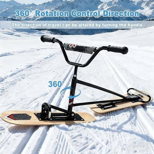 Snow Scooter/Sled for Adults - Reinforced Alloy Frame, 360° Steering Handle, All-Terrain Outdoor Ski Board, Dual Skis for Maximum Control On Slopes and Untracked Snow Black